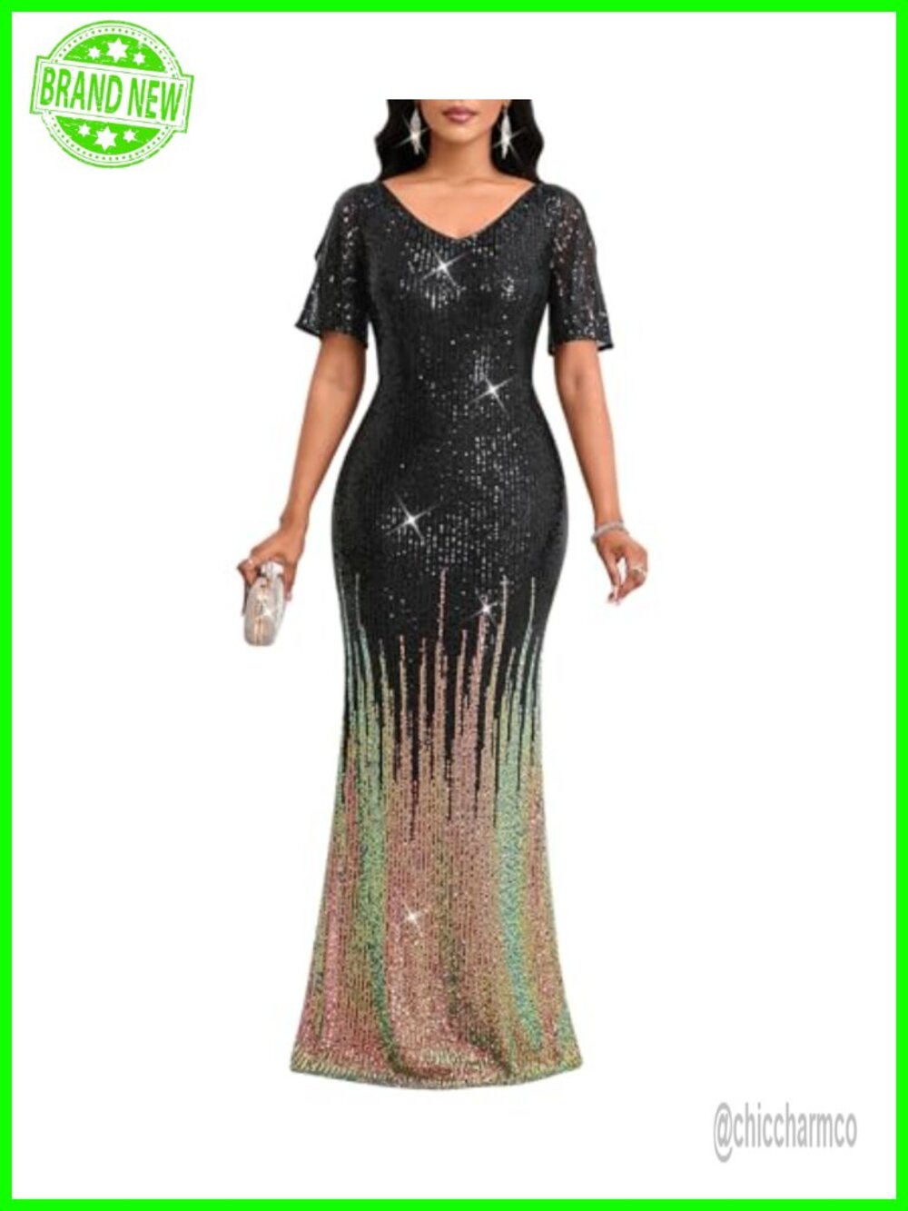 Sequin Short Sleeve Bodycon Maxi Formal Evening Gown